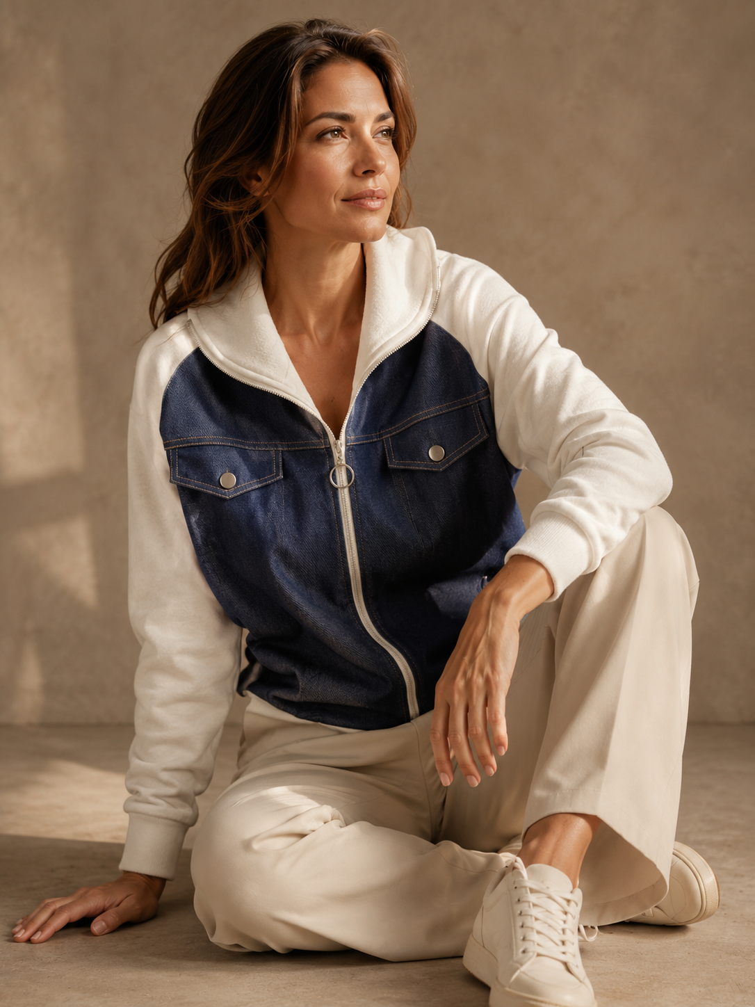 Veste Zippée Bi-Matière Effet Denim