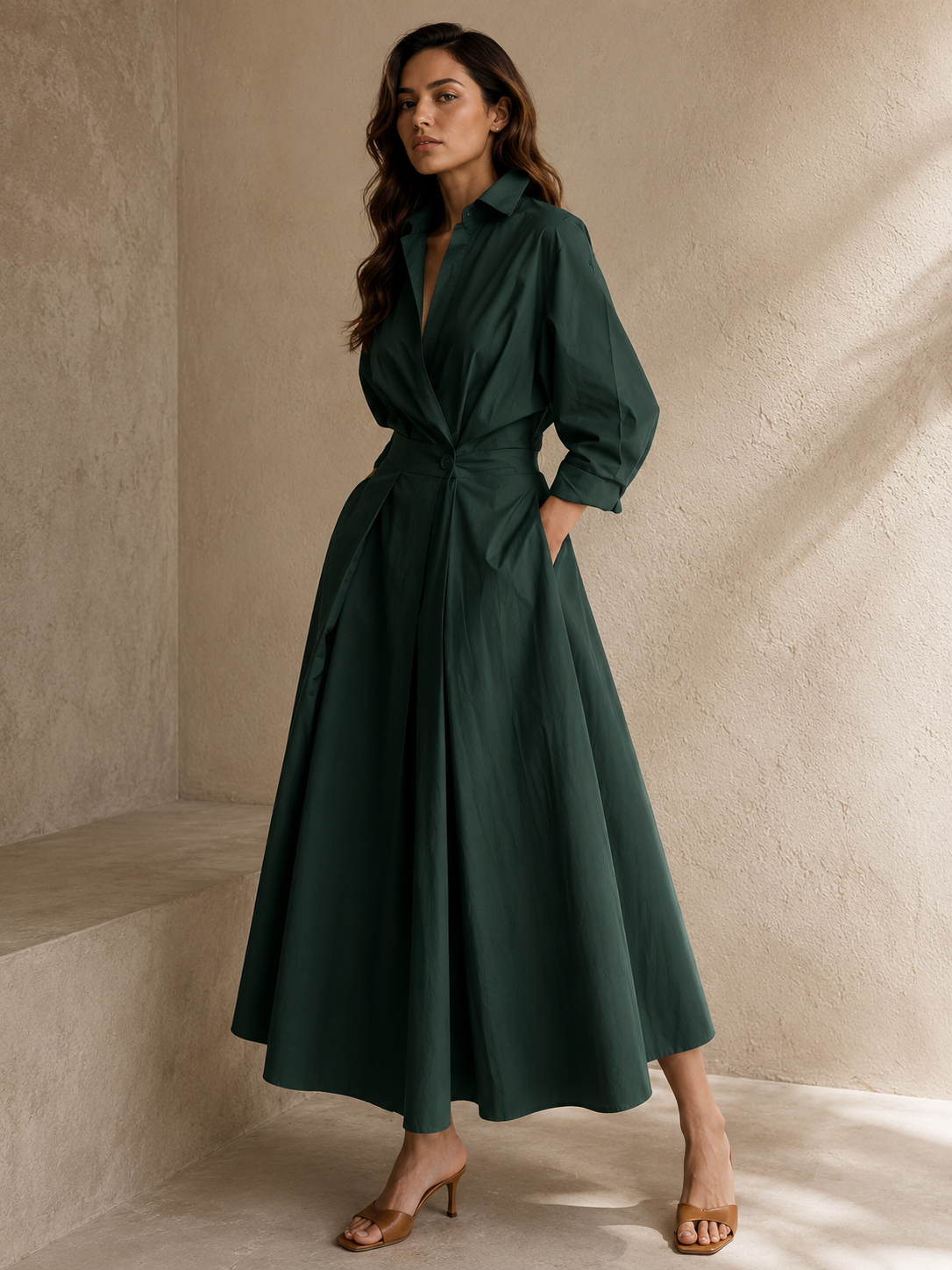 Robe Longue Évasée Col Polo