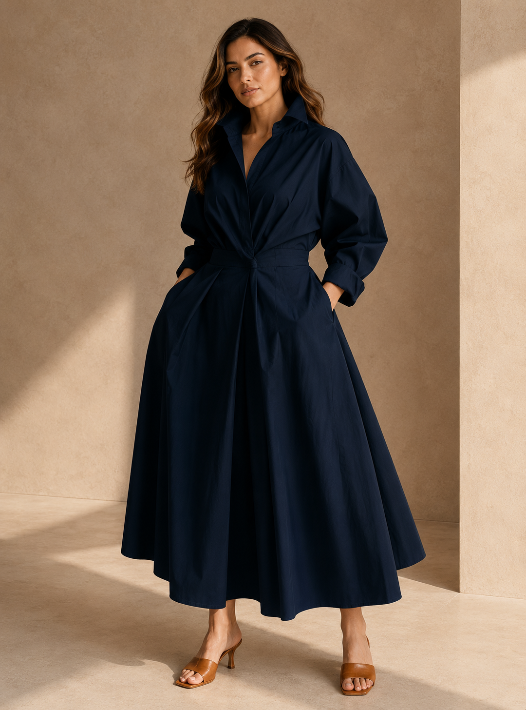 Robe Longue Évasée Col Polo