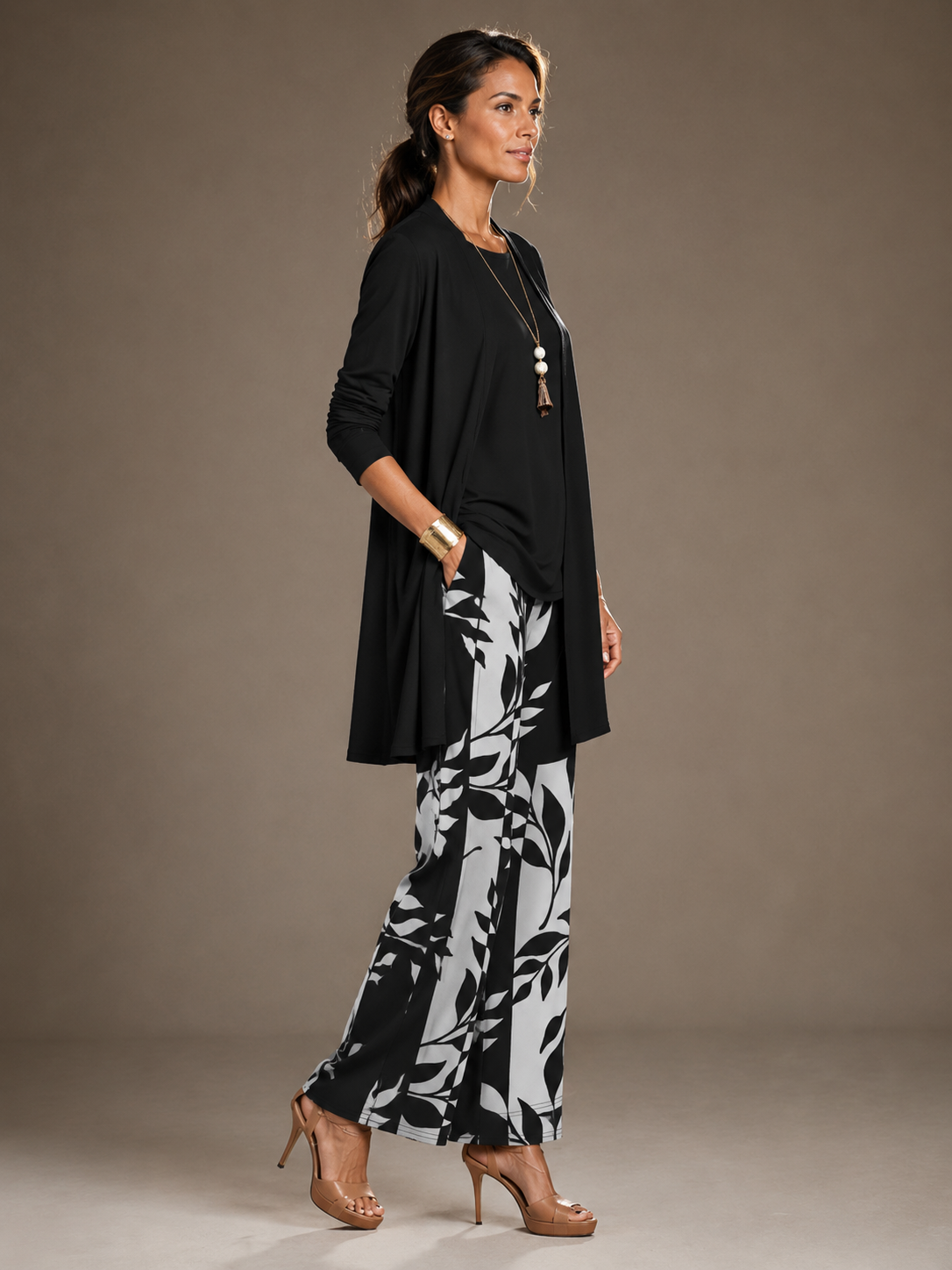 Ensemble 3 Pièces Gilet Long Pantalon Imprimé