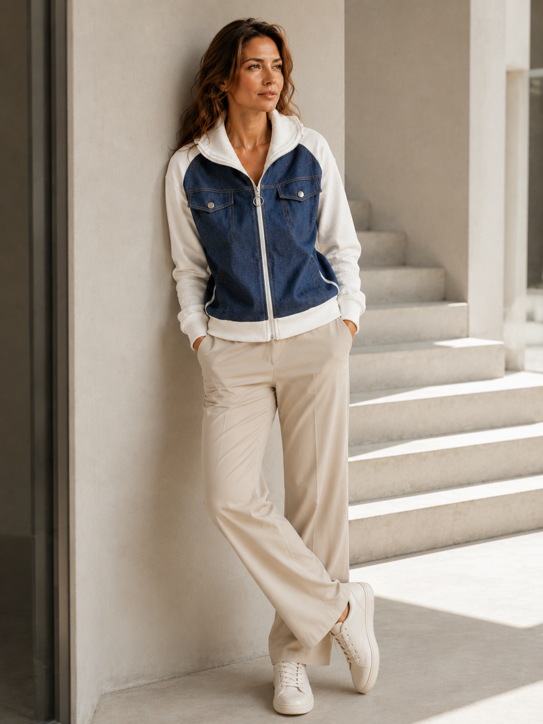 Veste Zippée Bi-Matière Effet Denim