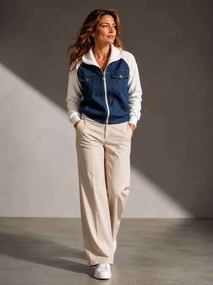 Veste Zippée Bi-Matière Effet Denim