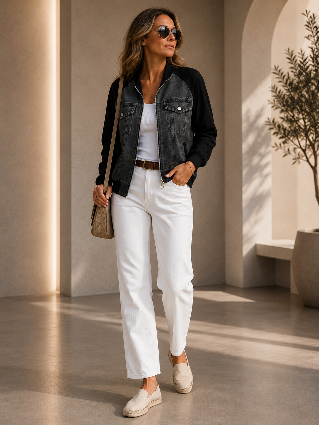 Veste Zippée Bi-Matière Effet Denim