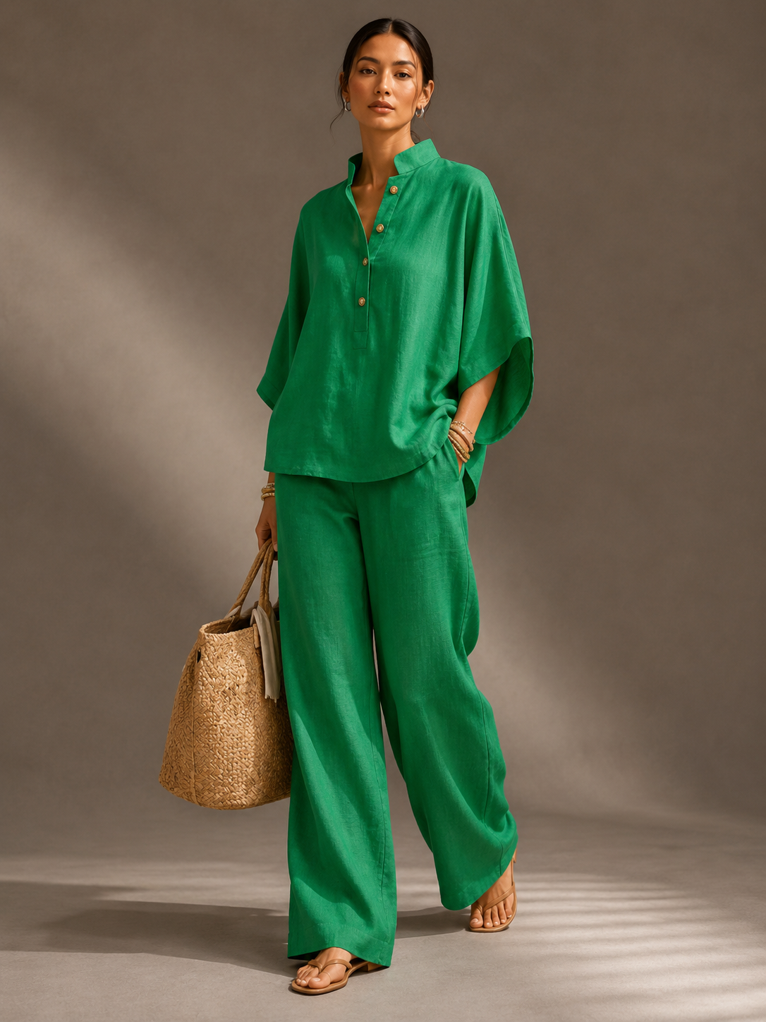 Ensemble Fluide Col Montant Jambes Larges