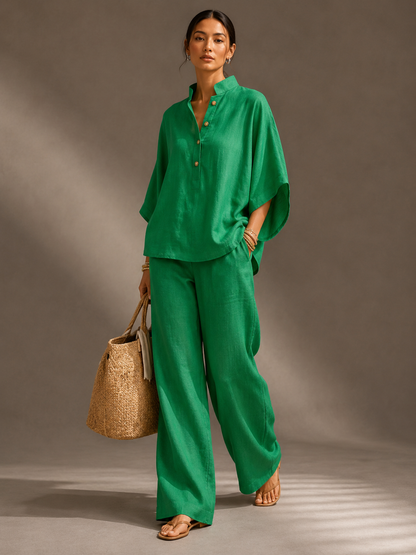 Ensemble Fluide Col Montant Jambes Larges