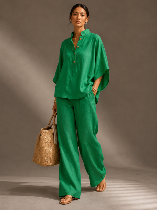 Ensemble Fluide Col Montant Jambes Larges