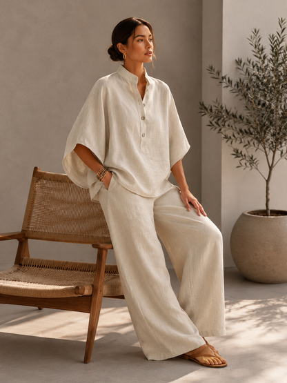 Ensemble Fluide Col Montant Jambes Larges