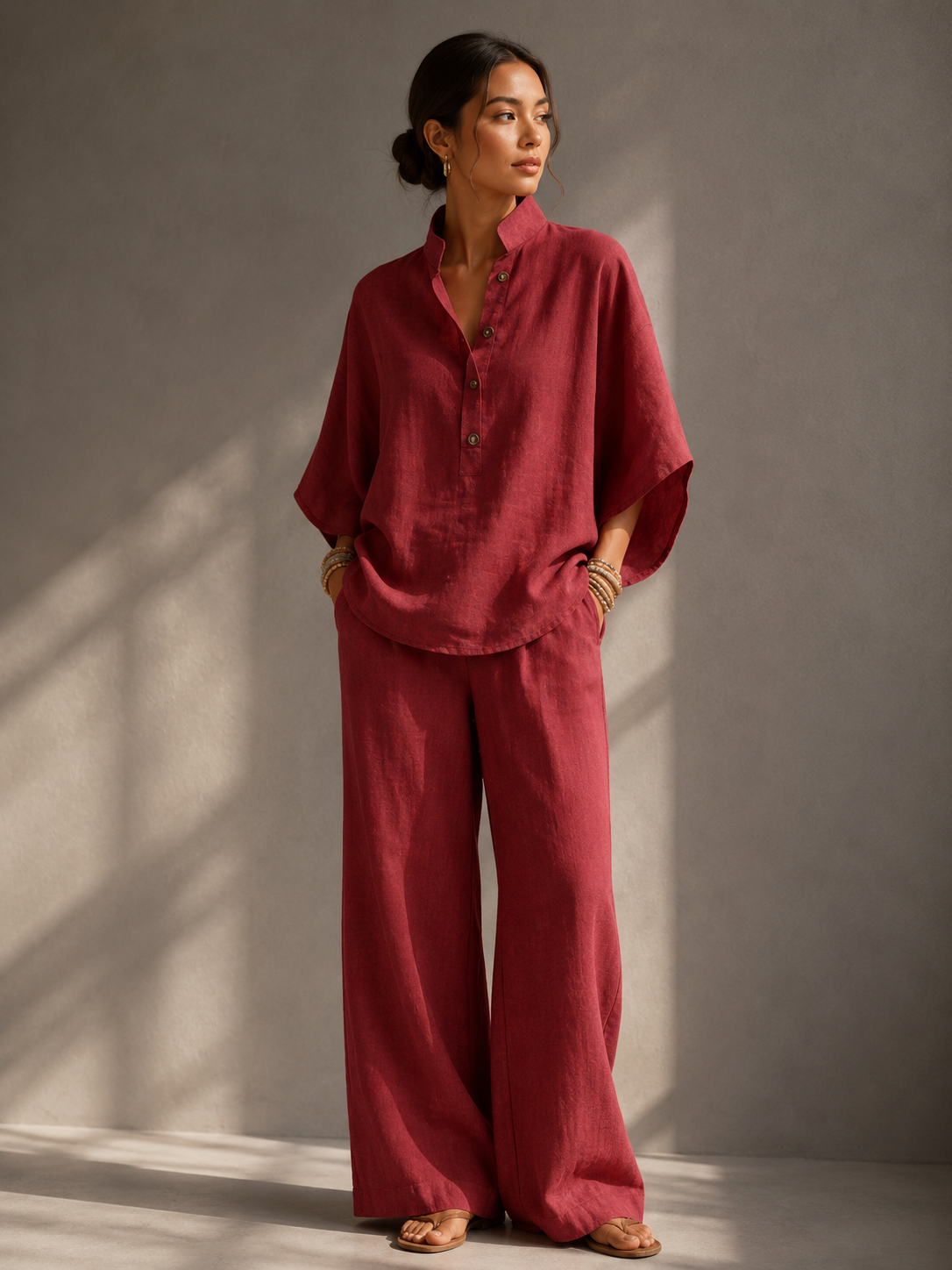 Ensemble Fluide Col Montant Jambes Larges