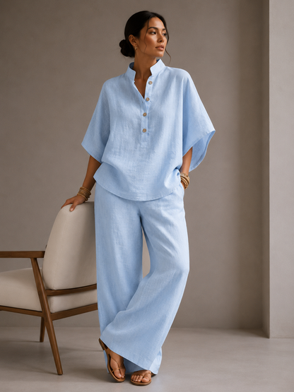 Ensemble Fluide Col Montant Jambes Larges