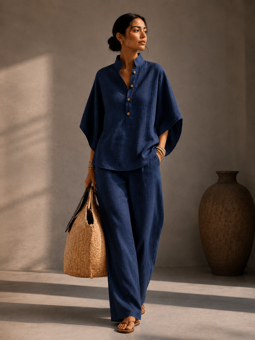 Ensemble Fluide Col Montant Jambes Larges