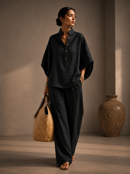 Ensemble Fluide Col Montant Jambes Larges