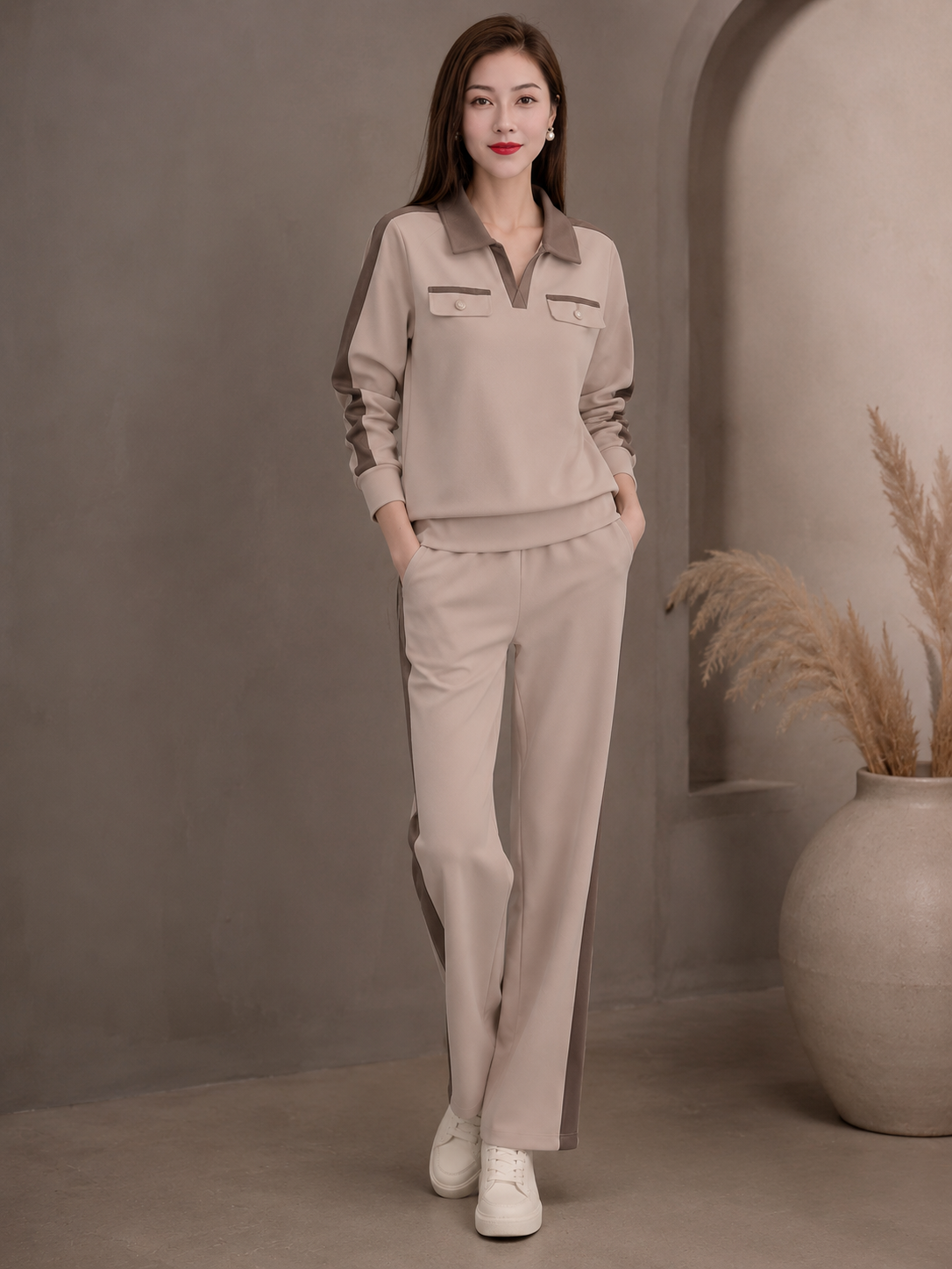 Ensemble Fluide Col Polo Bandes Contrastées
