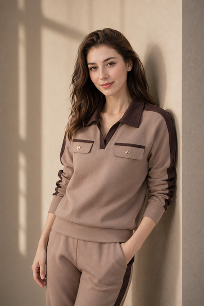 Ensemble Fluide Col Polo Bandes Contrastées