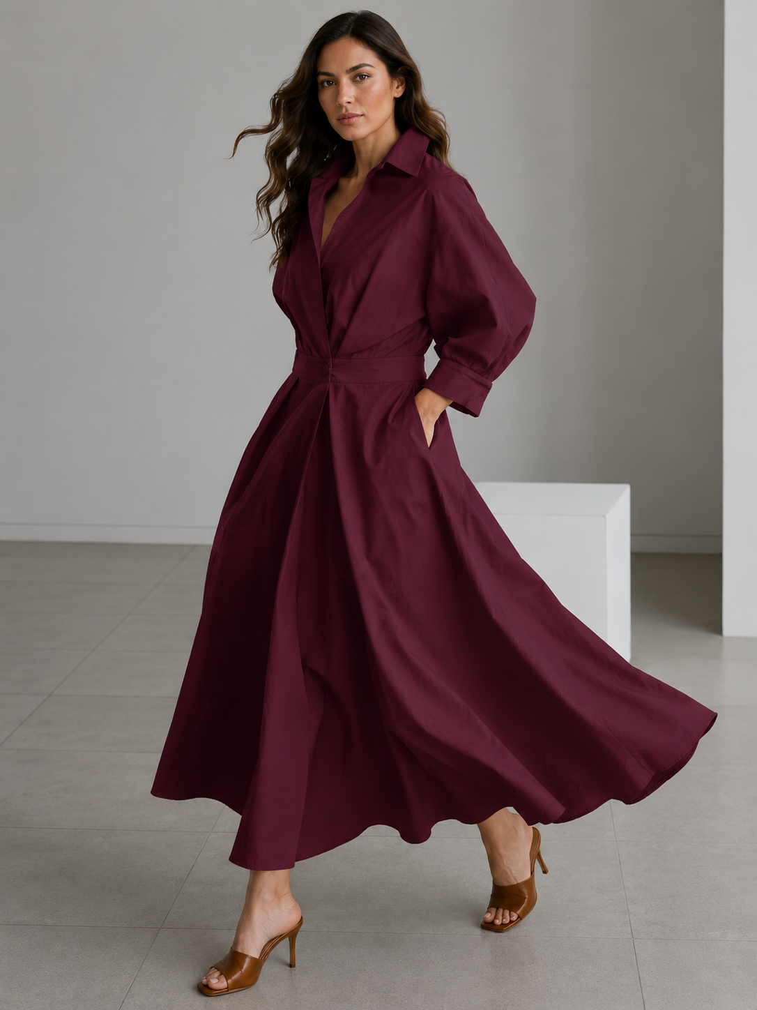 Robe Longue Évasée Col Polo