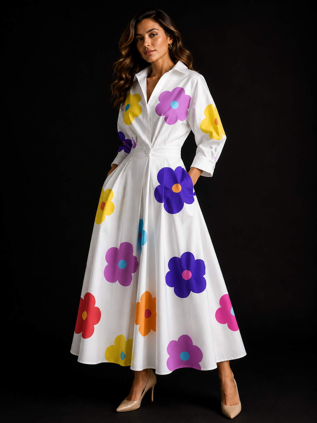 Robe Longue Évasée Col Polo