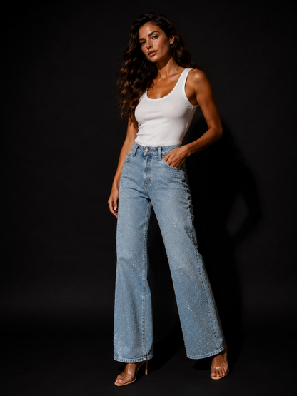 Jean Droit Taille Haute à Strass