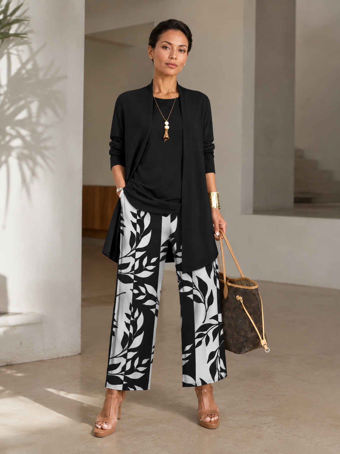 Ensemble 3 Pièces Gilet Long Pantalon Imprimé