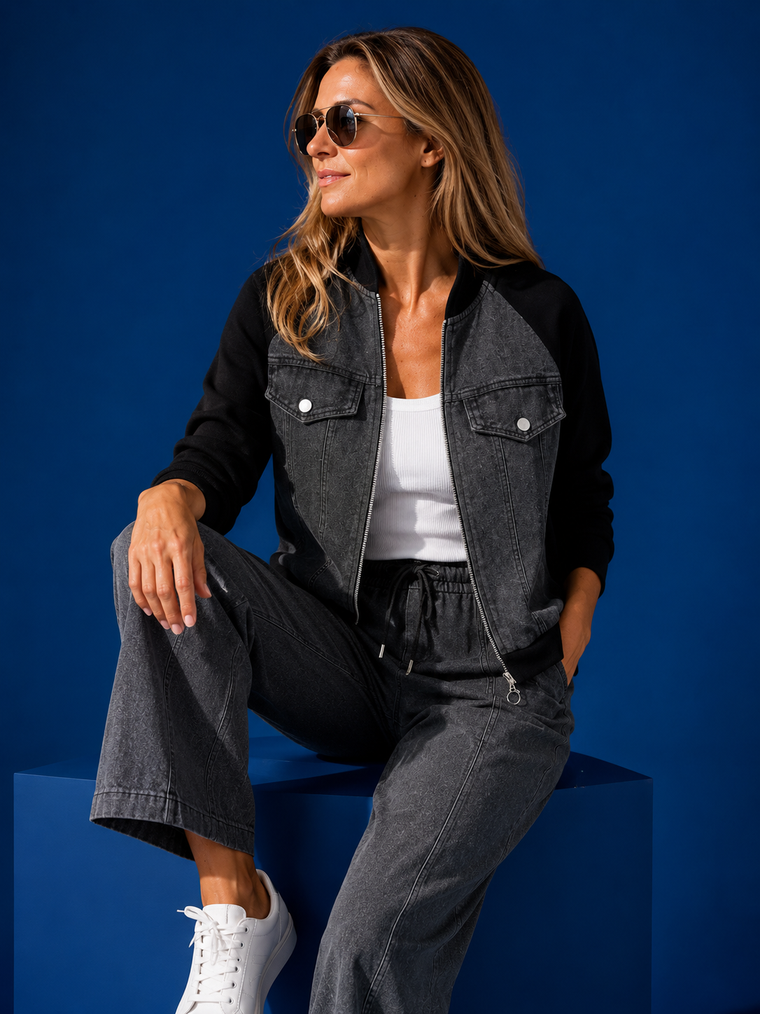 Veste Zippée Bi-Matière Effet Denim