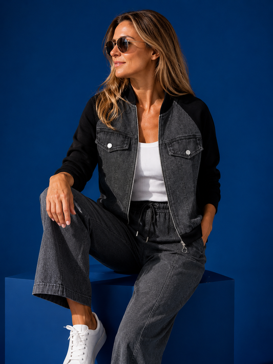 Veste Zippée Bi-Matière Effet Denim