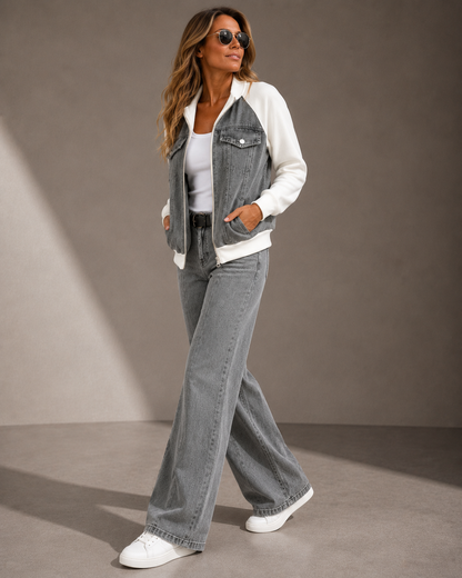 Veste Zippée Bi-Matière Effet Denim